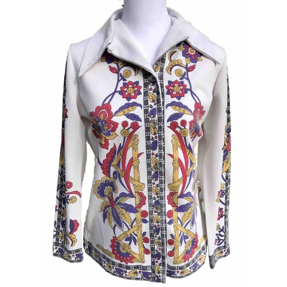 Vtg 60s Rare Smartique Polyester Mod Floral Geo Blouse Shirt 36 M Boho Disco HTF - Picture 2 of 16